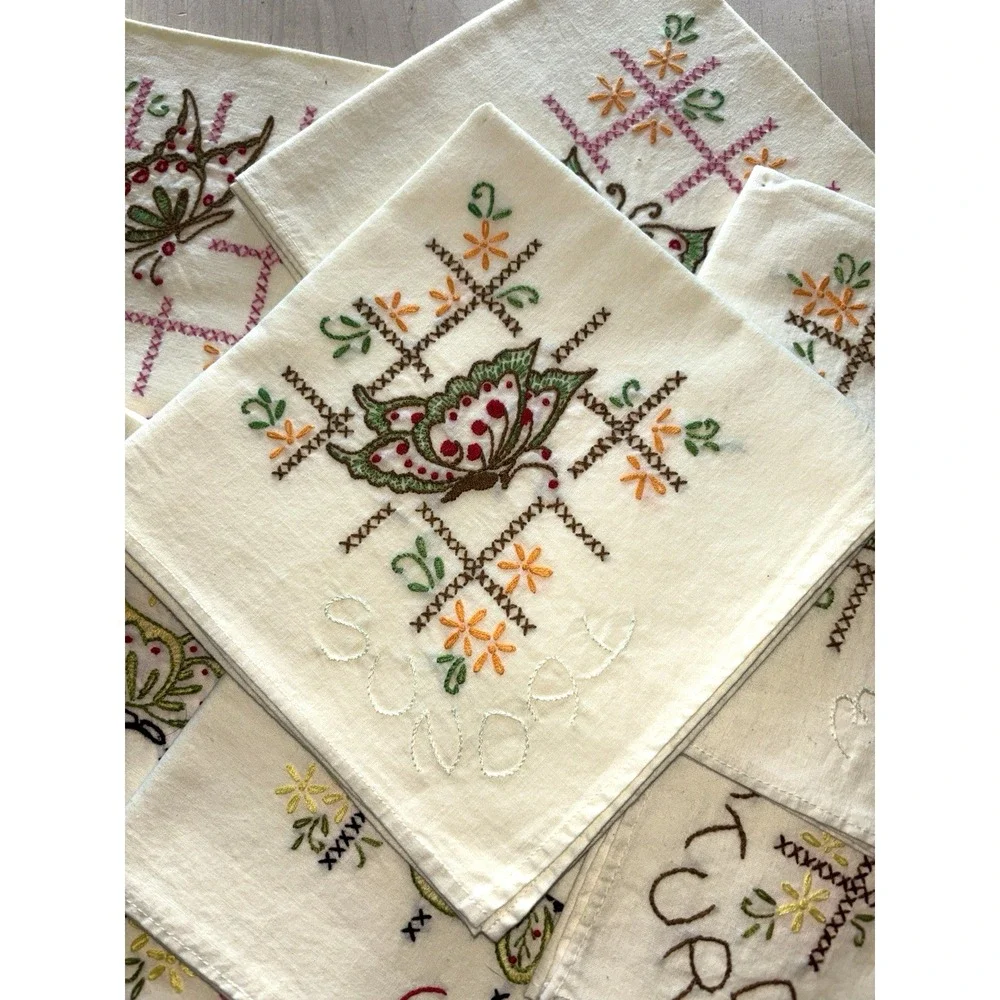 Vtg Days of the Week Kitchen Towels Sunday-Saturday Butterfly Hand Embroidered